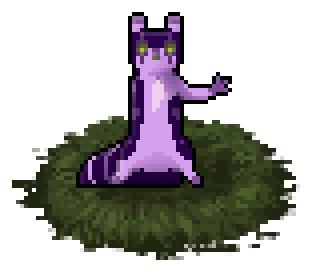 Pixel art of a dark purple slugcat with a pale purple stomach, ears, & limbs. There are vertical line markings over their eyes, and an even paler purple patch on their chest.